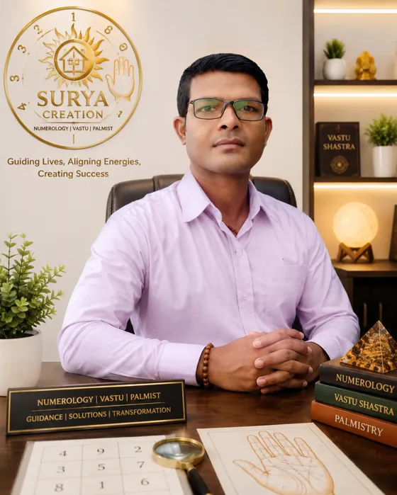Surya Creation numerology and Vastu consultant at his consultation desk